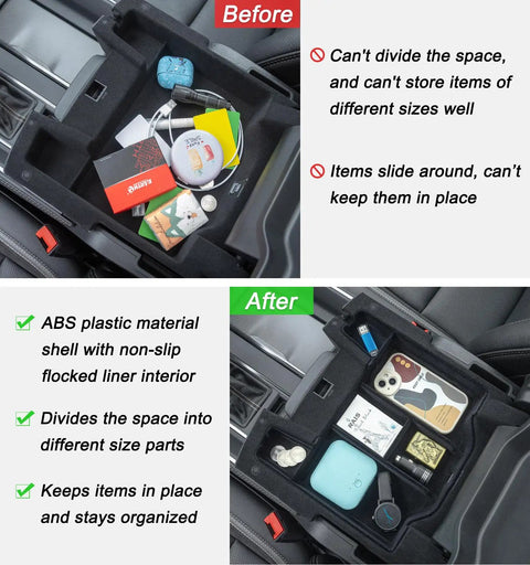 Center Console Organizer Upgrade With Flocked Liner For Dodge Ram 1500 2500 3500 showing before and after use