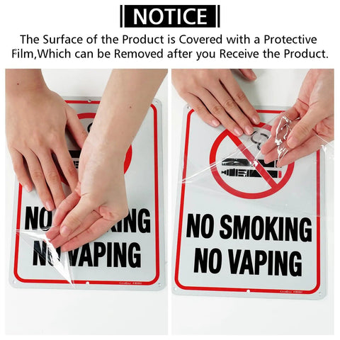 Hands peeling protective film from No Smoking No Vaping Signs 10x7 Inches Reflective Aluminum Weatherproof Indoor Outdoor Use 6 Pre Drilled Holes For Easy Mounting 4 Pack