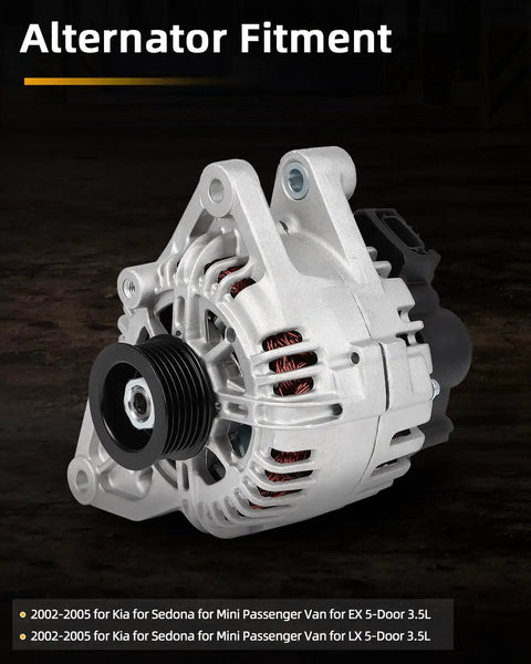 Heavy Duty Alternator For Kia Sedona 2002 To 2005 120 Amp 6 Groove Pulley showing detailed design and fitment for 5-door van.