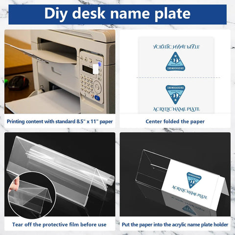24 Pack Clear Acrylic Name Plates For Desk 8.5 By 3 Inch Double Sided Sign Frames For Table Display Blank Name Plates setup steps