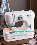 Solid Pick Portable Mini Sewing Machine For Beginners Featuring 12 Built In Stitches and Easy Hook Up Foot Pedal on a desk with test fabric.