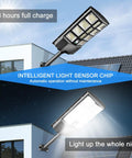 Solar Powered Outdoor Street Light Dusk To Dawn With 3 Modes Motion Sensor shown mounted on house and illuminated at night.