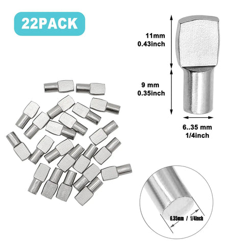 22 Pack Heavy Duty Nickel Plated Shelf Support Pegs For Home Storage, 1/4 Inch Spoon Style Cabinet Pin Holders Made From Tough Zinc Alloy In Sleek Silver Finish displayed with dimensions.