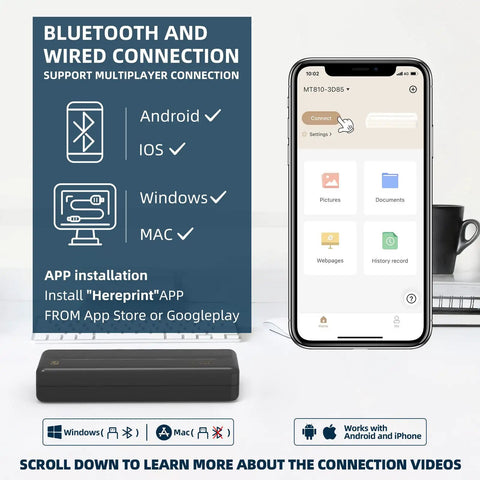 Wireless Portable Printer Harnesses Bluetooth Thermal Tech For No Sweat Printing showcasing connection options for mobile devices.