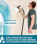 Man using Top Tier HVLP Paint Sprayer, 800W Electric Spray Paint Gun for smooth wall finish, spraying upward.