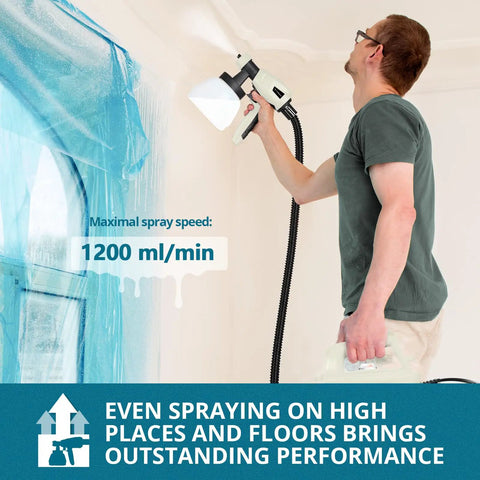 Man using Top Tier HVLP Paint Sprayer, 800W Electric Spray Paint Gun for smooth wall finish, spraying upward.