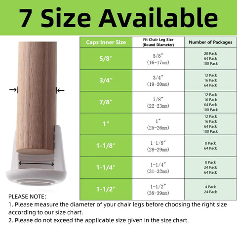 Non Slip Chair Leg Caps Rubber Floor Protectors Round White Set Of 16 Seven Eighths Inch Inner Diameter Thickened Size Chart