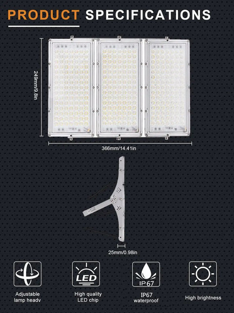 Product specifications of 20 Pack Heavy Duty 300W Led Flood Lights Outdoor with dimensions 366mm by 249mm, adjustable bracket.