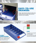 Beefed Up 100 Drawer Grey Parts Cabinet For Nuts Bolts Screws And Nails, Heavy Duty ABS Tool Storage Organizer, Industrial Grade Storage Cabinet For Workshop Garage Office. Blue drawer with finger grips and removable dividers