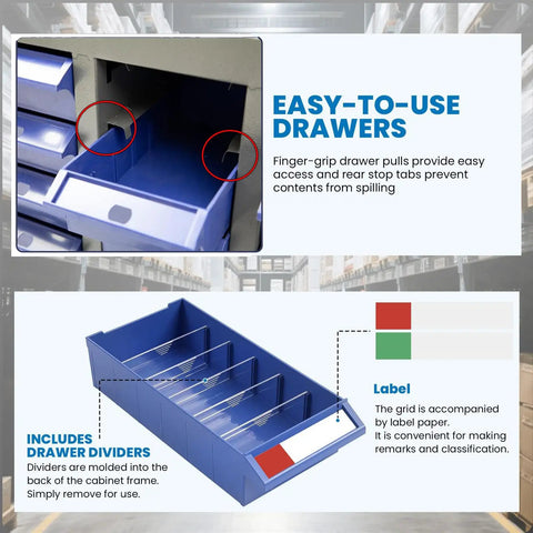 Beefed Up 100 Drawer Grey Parts Cabinet For Nuts Bolts Screws And Nails, Heavy Duty ABS Tool Storage Organizer, Industrial Grade Storage Cabinet For Workshop Garage Office. Blue drawer with finger grips and removable dividers