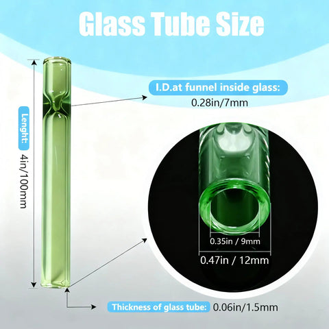 Colored Borosilicate Glass Blowing Tubes 8 Piece Set Heavy Duty High Temp Resistant showing size and dimensions