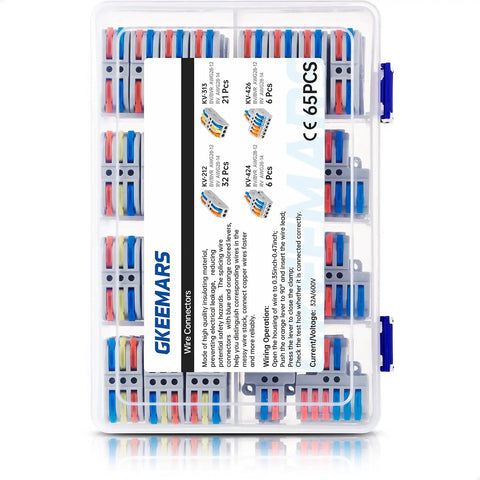 65 Piece Compact Splicing Wire Connectors Kit For AWG 28 To 12, transparent box with colored connectors, labeling visible