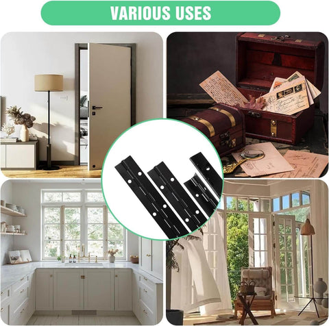 Heavy Duty Piano Hinges 4 Pack 12 Inches By 1.2 Inches Black Stainless Steel for cabinets, doors, boxes in various settings.