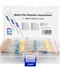 Delon Technology metal film resistor assortment box with 525 resistors (0–1 MΩ), 1/4W, 1% tol, 24AWG, in plastic case.