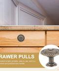 Vintage Round Cabinet Knobs Set Of 10 With Antique Copper Finish Decorative Drawer Handles installed on wooden drawer.