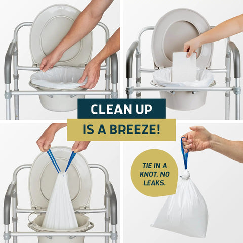 Premium Quality No Sweat Commode Liners Ultra Absorbent Jasmine Scent Bags in bathroom setup demonstrating easy tie-off.