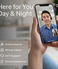 Person using a smartphone for virtual assistance with two support agents, highlighting 24/7 service and online resources.