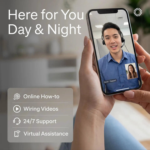 Person using a smartphone for virtual assistance with two support agents, highlighting 24/7 service and online resources.