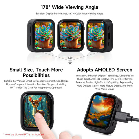 Dope Esp32-S3 1.8 Inch Amoled Touch Screen Module Featuring Ft3168 Capacitive Chip And Xtensa Dual Core Processor With Bluetooth And Wifi Support For Your Next Hella Cool Diy Project, showing three display angles with vibrant images.