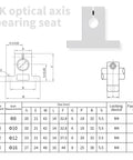 Go-To Four Pack SK10 Linear Shaft Rail Support Brackets, 10mm Diameter, Vertical Guide For CNC Machines And 3D Printers, Aluminum Finish With Oxidation Treated Surface, Includes M4 Locking Bolt And M5 Clamping Bolt, 32mm Hole Spacing. technical drawing of SK10 shaft support bracket, 10mm aluminum