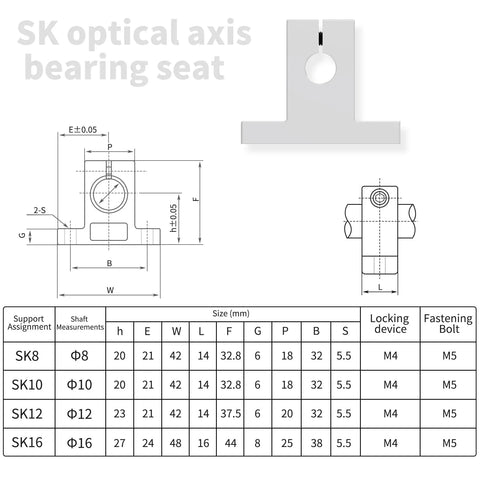 Go-To Four Pack SK10 Linear Shaft Rail Support Brackets, 10mm Diameter, Vertical Guide For CNC Machines And 3D Printers, Aluminum Finish With Oxidation Treated Surface, Includes M4 Locking Bolt And M5 Clamping Bolt, 32mm Hole Spacing. technical drawing of SK10 shaft support bracket, 10mm aluminum