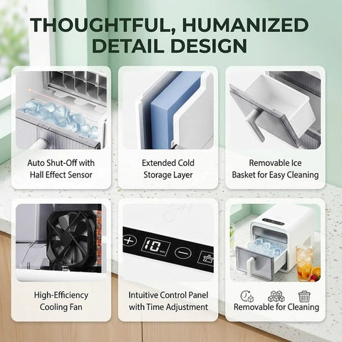 No Fuss Portable Ice Maker Featuring Smart Infrared Detection Automatic Shut Off Plus Ultra Chill Cooling detail design with ice basket and control panel.