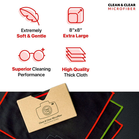 Camera microfiber cleaning cloths, 8-pack, extra large 8x8 inches for lenses, glasses, and screens.