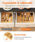 Expandable Kitchen Utensil Organizer Drawer Tray With Natural Wood Finish And Adjustable Dividers For Cutlery Silverware Flatware Storage Spacious 3 Large Compartments And Side Expandable Slots To Fit Most Drawers, shown before and after expansion