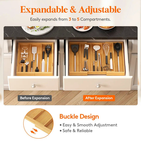 Expandable Kitchen Utensil Organizer Drawer Tray With Natural Wood Finish And Adjustable Dividers For Cutlery Silverware Flatware Storage Spacious 3 Large Compartments And Side Expandable Slots To Fit Most Drawers, shown before and after expansion