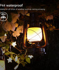 Outdoor Solar Lanterns With Flicker Flame LED, Waterproof Vintage Style Hanging Lanterns for Garden Patio, glowing at night in rain
