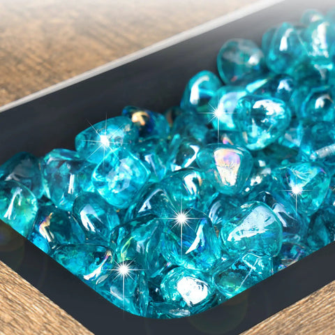 Caribbean Blue 20 Pound 1 Inch Fire Glass Diamonds For Gas Fire Pit And Fireplace showcasing high luster sparkling glass rocks