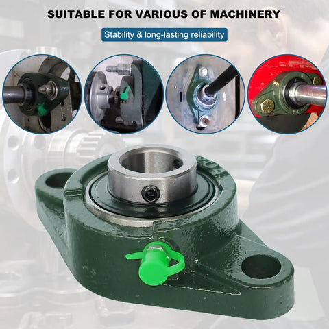 Image of Four Pack Pillow Block Bearing Three Quarter Inch Bore Flange Mount Self Aligning Cast Iron Housing With Set Screw Locking Two Bolt Flange for heavy machinery.