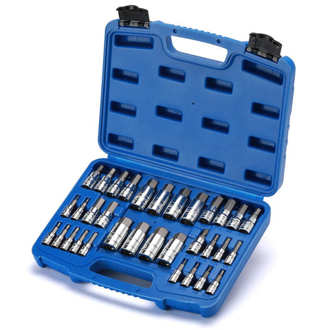 Open blue case displaying Master Hex Bit Socket Set with Quarter, Three Eighth, and Half Inch Drives for SAE and Metric Allen Bits
