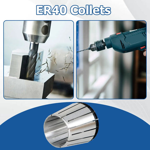 ER40 Collets in use with milling and drilling machines; 12Pcs ER40 Collets Set With Common Size Range From 1/8 To 1-1/8 Inch For Boring Milling Drilling Tapping Engraving And CNC Spindle Machines Pro Grade Quality Shop Ready 0.0003 Inch Tolerance 5um 100 Percent Tested