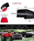 Diagram showing 4 Pack Deer Warning Whistles With Waterproof Adhesive Tapes For Cars Trucks And SUVs That Help Keep Deer And Other Wildlife From Crossing Your Path And Prevent Collisions While Boosting Driving Safety Black dimensions and use.
