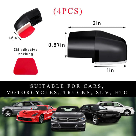 Diagram showing 4 Pack Deer Warning Whistles With Waterproof Adhesive Tapes For Cars Trucks And SUVs That Help Keep Deer And Other Wildlife From Crossing Your Path And Prevent Collisions While Boosting Driving Safety Black dimensions and use.