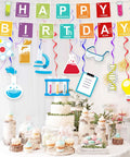Periodic Table Birthday Banner And Chemistry Theme Backdrop For Science Classroom Party Decor Dope Durable Reusable Fabric Lab Theme Decorations Includes One Happy Birthday Banner And Ten Hanging Swirls For Boys And Girls featuring colorful periodic table and science icons over a dessert table.