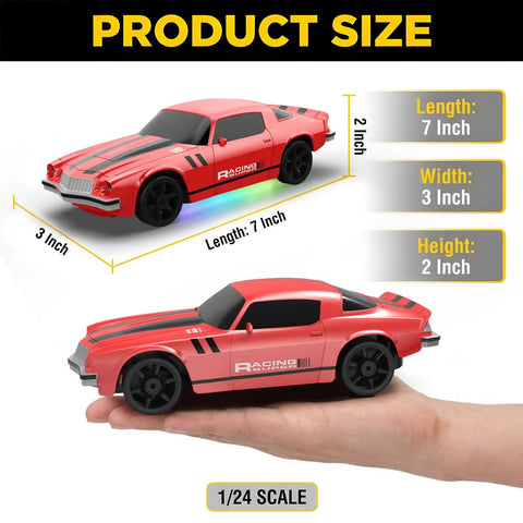1:24 RC Drift Car 4WD With 2.4GHz Radio, 15 KMH Speed, LED Lights, on a human hand showing size