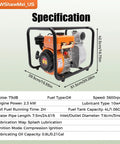 Straight Up Heavy Duty 196Cc Four Stroke Diesel Water Pump Three Inch Trash Transfer with specs on engine power, dimensions and lubrication