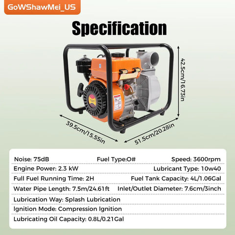 Straight Up Heavy Duty 196Cc Four Stroke Diesel Water Pump Three Inch Trash Transfer with specs on engine power, dimensions and lubrication