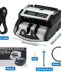 DOMENS Ultraviolet And Magnetic Money Counter Machine For Us Dollars showing power cable, manual, cleaning brush, and rubber ring accessories.