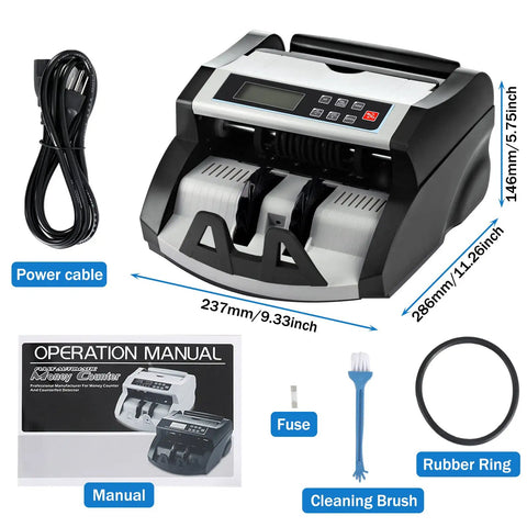 DOMENS Ultraviolet And Magnetic Money Counter Machine For Us Dollars showing power cable, manual, cleaning brush, and rubber ring accessories.