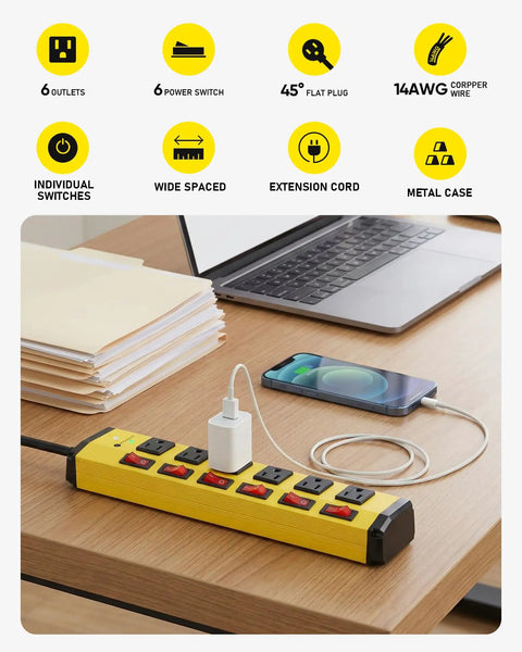 Dope Heavy Duty Surge Protector With Individual Switches And Wide Spaced 6 Outlets 6 Foot Cord 15 Amp Power Strip For Home Office And Gaming Setup Energy Saver By Turning Off Specific Devices on desk with laptop and phone