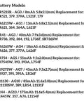 Battery model specifications for Top Shelf Eighty Pack Of One Point Five Volt Alkaline Button Watch Batteries.