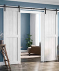 Bypass Sliding Barn Door Rail Hardware Kit For Double Doors Monorail Barn Door System Carbon Steel Black Powder Coat in living room