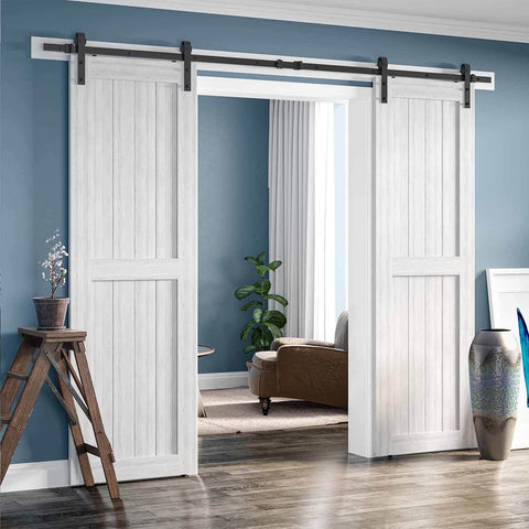 Bypass Sliding Barn Door Rail Hardware Kit For Double Doors Monorail Barn Door System Carbon Steel Black Powder Coat in living room