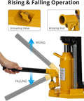 Heavy Duty Hydraulic Toe Jack With Manual Hand Pump And Pneumatic Air Valve For Serious Garage Hustle 20 Ton Capacity showing rising and falling operation with handle.