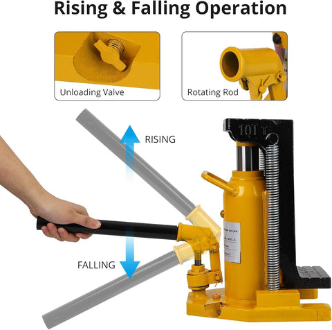 Heavy Duty Hydraulic Toe Jack With Manual Hand Pump And Pneumatic Air Valve For Serious Garage Hustle 20 Ton Capacity showing rising and falling operation with handle.