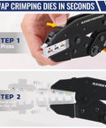 Close-up of 6 In 1 Ratchet Crimping Tool Kit with Interchangeable Dies showing the pressing mechanism, black handle.