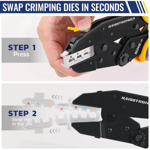 Close-up of 6 In 1 Ratchet Crimping Tool Kit with Interchangeable Dies showing the pressing mechanism, black handle.